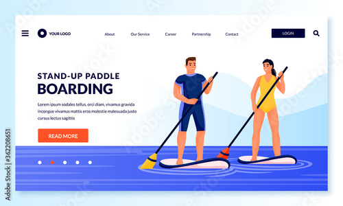 Couple standing on paddle boards. Vector illustration. Summer outdoor fitness, leisure activities and sport lifestyle