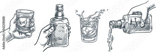 Human hand holding whiskey glass. Scotch whisky or brandy pouring out of bottle. Vector hand drawn sketch illustration.
