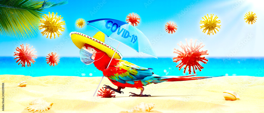 Fototapeta premium Macaw parrot with medical mask on vacation