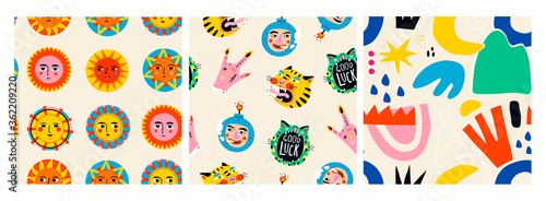 Colorful abstract Suns with faces, various shapes, bizarre objects. Set of three Hand drawn Vector Seamless Patterns. Background, Wallpaper. Perfect for textile prints. Square repeating design