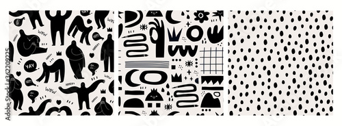 Hand drawn various Shapes, objects, dots, shadows. Abstract contemporary modern trendy Vector illustrations. Set of three Seamless Patterns, Backgrounds, Wallpapers. Black monochrome concept