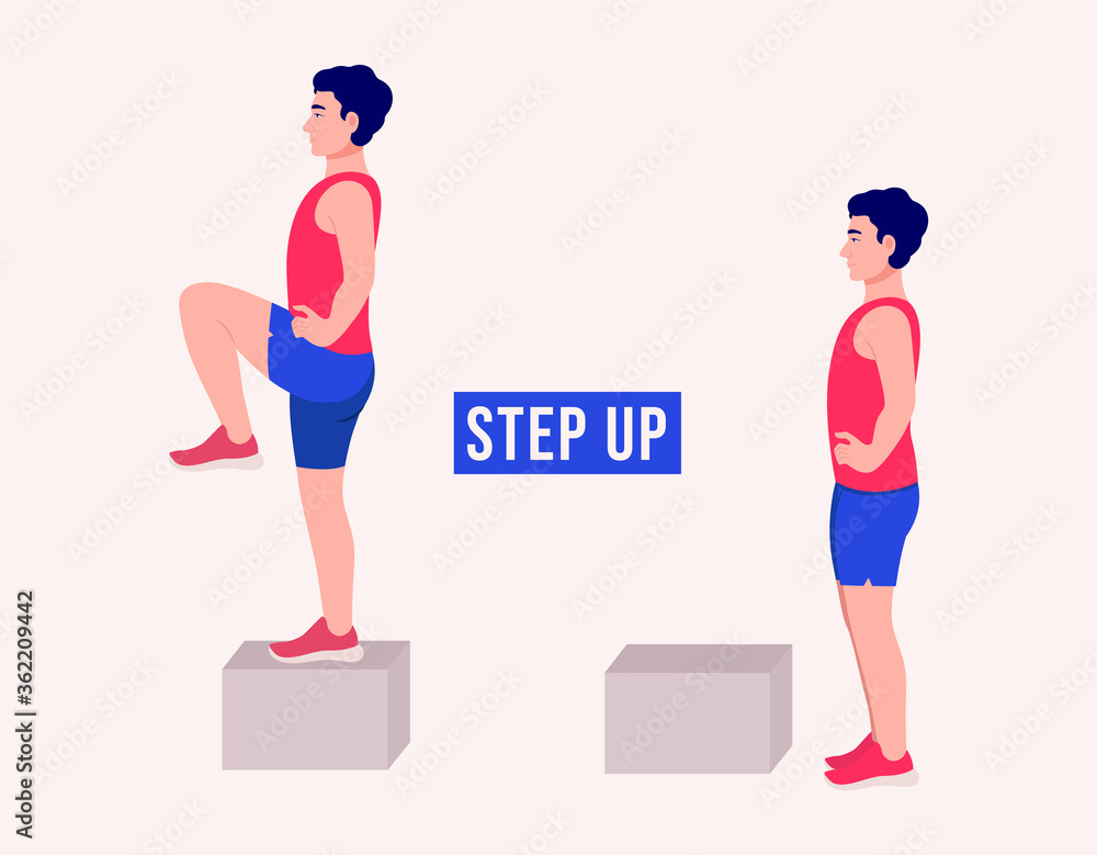 Men doing Step Up exercise, Men workout fitness, aerobic and exercises. Vector Illustration.