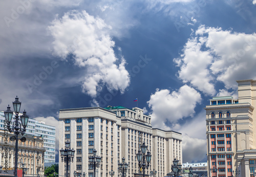 Building of The State Duma of the Federal Assembly of Russian Federation on a cloud background, Moscow, Russia photo