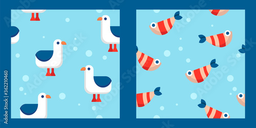 set of two seamless patterns with cartoon seagulls, striped fish and bubbles on a light blue background. flat design. Marine theme. for packaging, paper, fabric. print for clothes