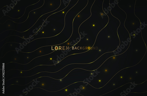 Abstract curved golden lines on a dark background. chaotic movement in the form of a topographic map. Golden web . Golden glow dots. Vector illustration.