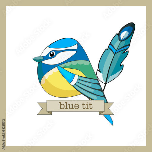 Flat style birds with feather. Blue tit. Cartoon design. Blue tit. Hand drawn color vector. Modern fashionable illustration. All elements are isolated.