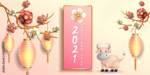 Happy new year 2021 / Chinese new year / Year of the ox / Zodiac sign for greetings card, invitation, posters, brochure, calendar, flyers, banners.