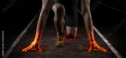 Plakat Man sprinter leaving starting. Fire start