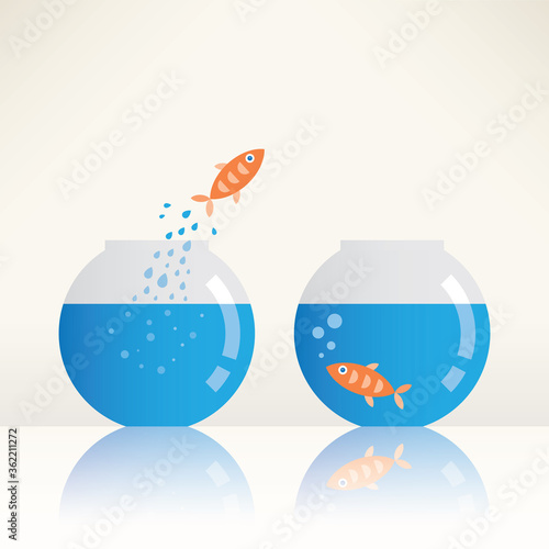 Call to freedom. Fish jumping out of aquarium. Freedom concept.
