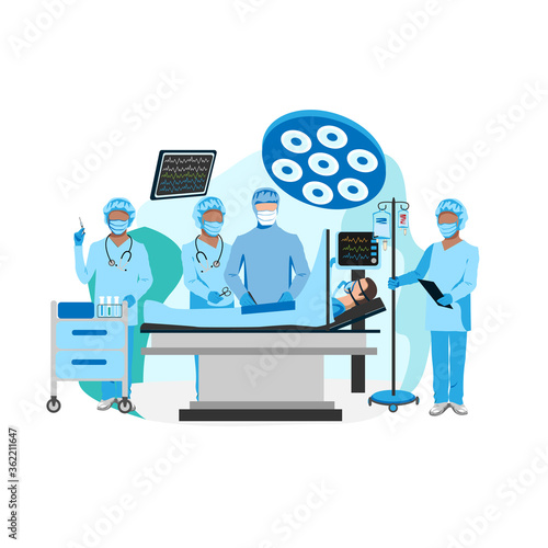 Surgical operation in the operating room. Medical equipment for surgical operations. Thanks to the doctors and nurses. Vector illustration isolated on a white background.