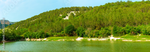 Panorama of a mountain forest near the shores of a lake in the Crimea. Natural composition.