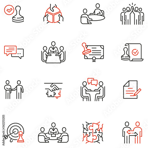 Vector Set of Linear Icons Related to Business Cooperation, Partnership, Synergy, Coherence, Negotiation and Deal. Mono Line Pictograms and Infographics Design Elements