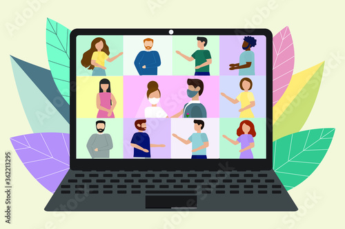 Wedding broadcast with virtual online guests illustration. Cartoon masked bride, groom at a wedding. flat vector illustration Romantic concept of a wedding during a pandemic. medical mask at the event