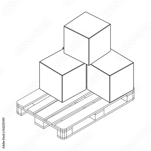 Cargo pallet for warehouse with stacked goods cardboard boxes. Logistics shipping concept. Wireframe low poly mesh vector illustration.
