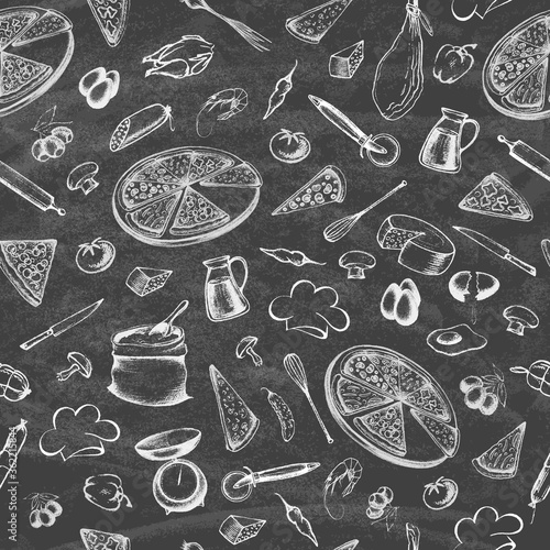 Pizza on the blackboard. Illustration of a vintage graphic element for menu. Retro vintage style. Set of ingredients.Seamless pattern. Vector illustration.