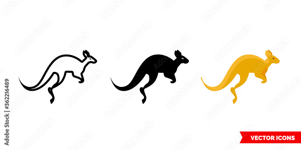 Kangaroo icon of 3 types. Isolated vector sign symbol.