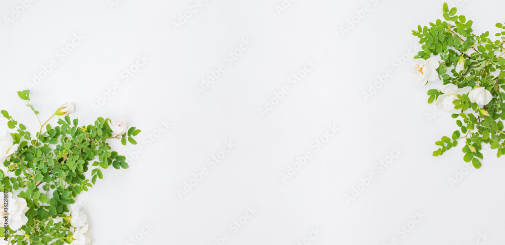 Flat lay frame with white small flowers and green leaves on a light background Flat lay frame with white small flowers and green leaves on a light background