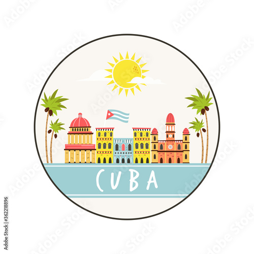 Circle abstract design with landmarks of Cuba. Explore Cuba concept image.