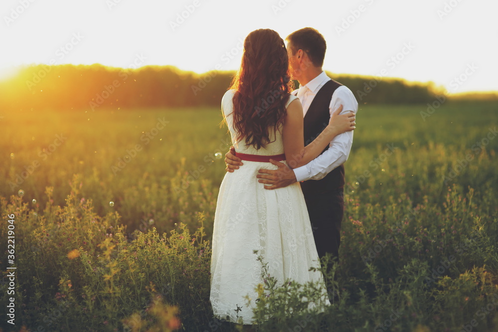 Happy bride and groom hug each other in the park at sunset. Wedding. Happy love concept. Happy bride and groom hug each other in the park at sunset. Wedding. Happy love concept.