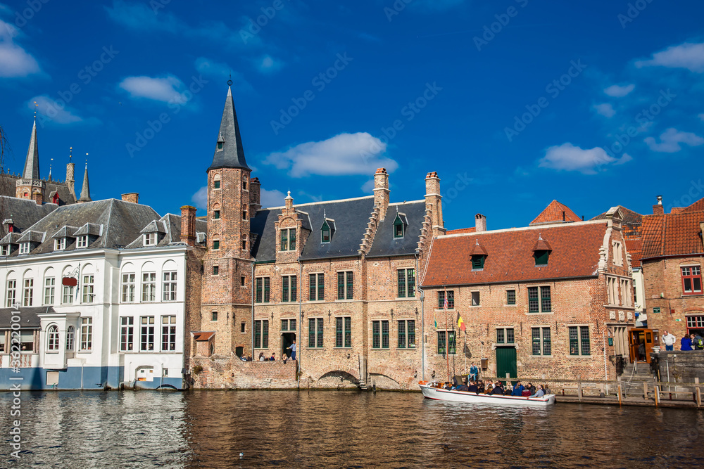 View of the city and the canals of the historical and beautiful Bruges town in Belgium