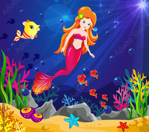 Vector illustration of underwater scene with beautiful mermaid/marine princess/underwater world