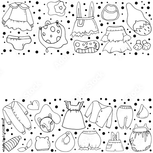 Set with children's clothing.  Doodle style. Vector isolated illustration with booties, sweatshirts, dresses, shorts, hats, children's bags, toys on a white background.