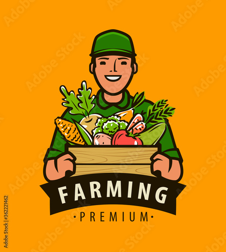 Farmer with box of fresh vegetables. Agriculture, farming vector illustration