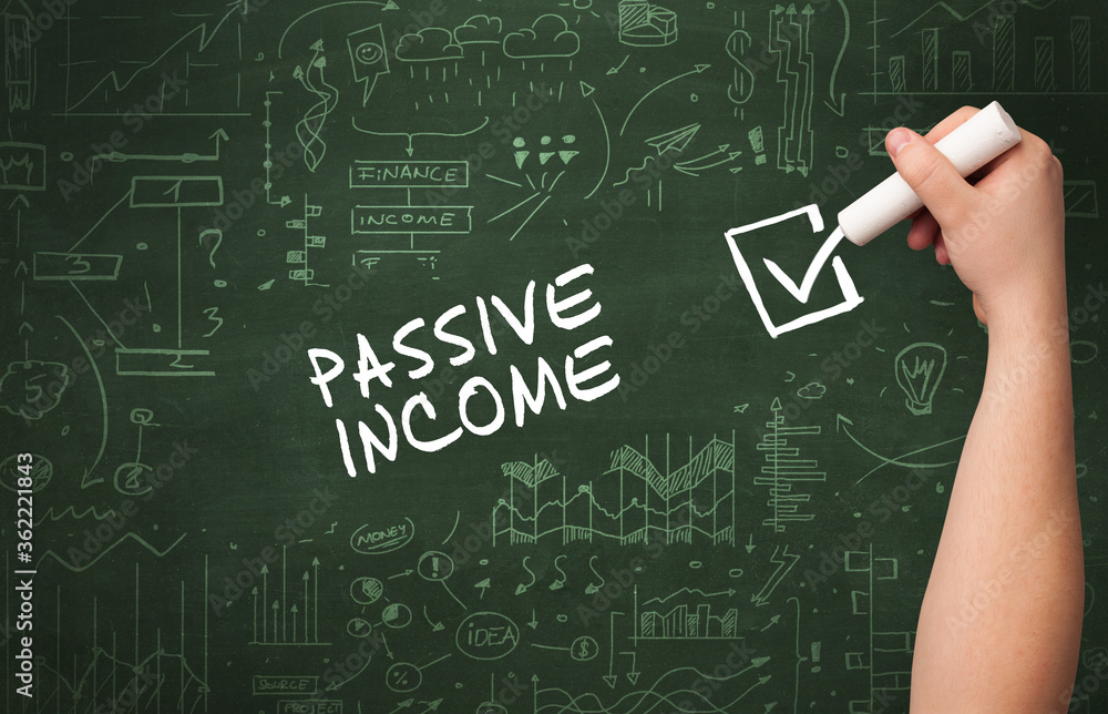 Hand drawing PASSIVE INCOME inscription with white chalk on blackboard, new business concept Hand drawing PASSIVE INCOME inscription with white chalk on blackboard, new business concept