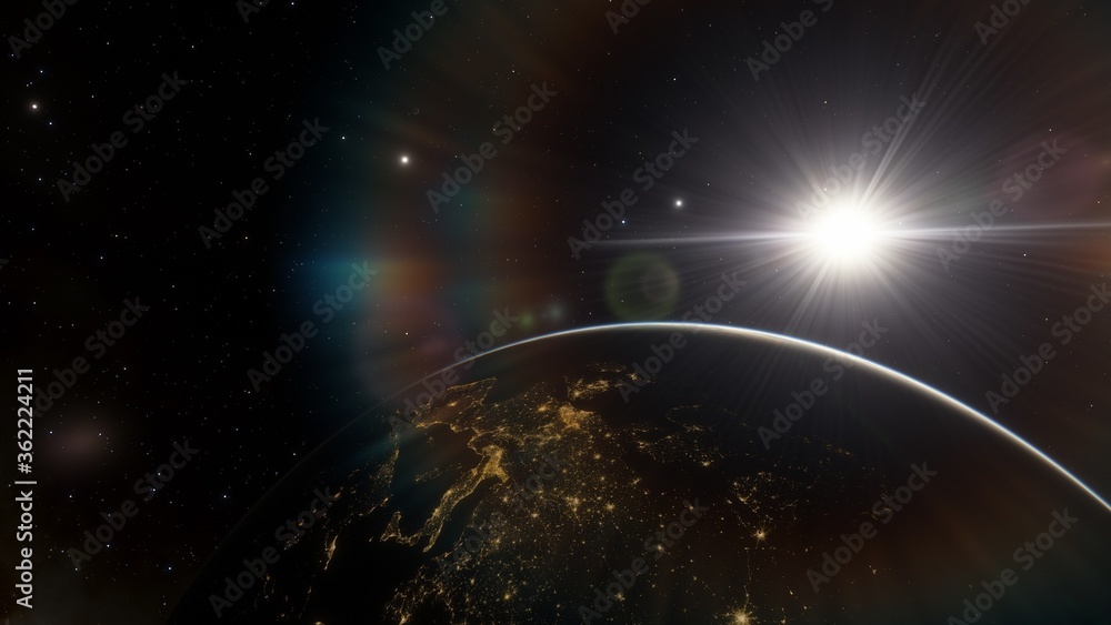 View of planet earth from space, detailed planet surface, science fiction wallpaper, cosmic landscape 3D render