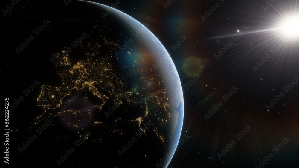 View of planet earth from space, detailed planet surface, science fiction wallpaper, cosmic landscape 3D render View of planet earth from space, detailed planet surface, science fiction wallpaper, cosmic landscape 3D render