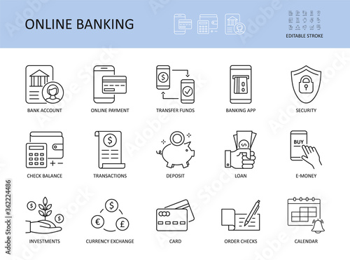 Online banking. Editable stroke vector icons. Bank account emoney transfer funds online payment. List of recent transaction security loan deposit check balance banking app. Management investment card