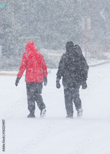 Two women crossing a street during a snow storm (snow flakes showing in the air), in a residential area of Salem, Oregon.