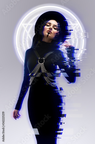 Beautiful girl with neon hologram glitch effect