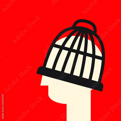 head in the cage as a symbol of limited understanding and bias 