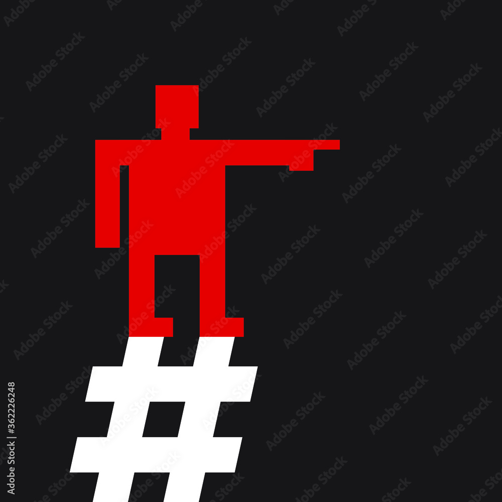 Obraz premium red man is pointing direction while standing on a hashtag sign, constructivist style