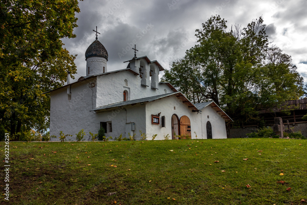 An ancient white Orthodox Christian church in the center of the old city of Pskov. Landmark of Russia and the Pskov region, tourist destination