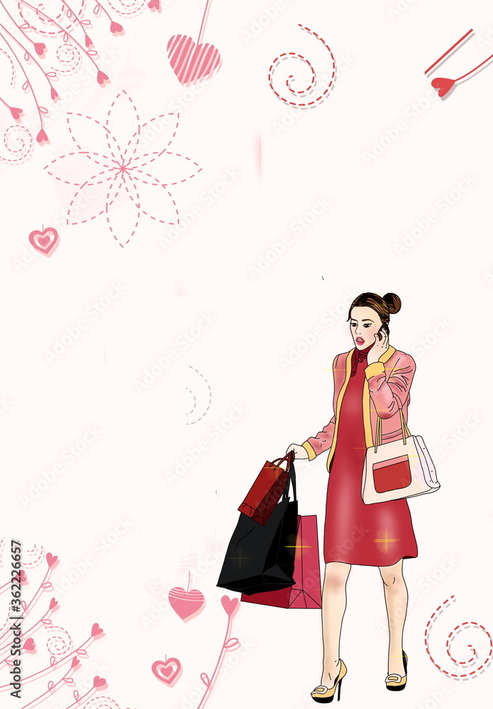 Young girl with shopping bag on hand and talking on phone, illustration. Copy space for text. Lifestyle concept. 