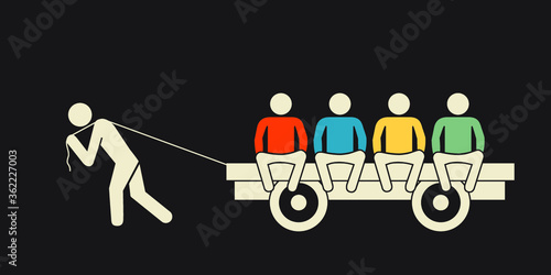 unfair workload: one person carrying a wagon full of idling people 