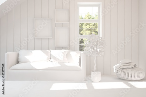 Stylish minimalist room with sofa in white color. Scandinavian interior design. 3D illustration