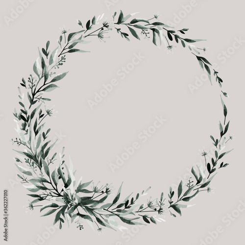 Botanical wreath. Flowers  leaves and branches in round frame. Vintage design for logo  wedding invitations  postcards  stickers and textile. White isolated background. Paper texture. Watercolor.