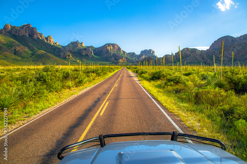 Driving on a scenic road in a truck in the mountains
