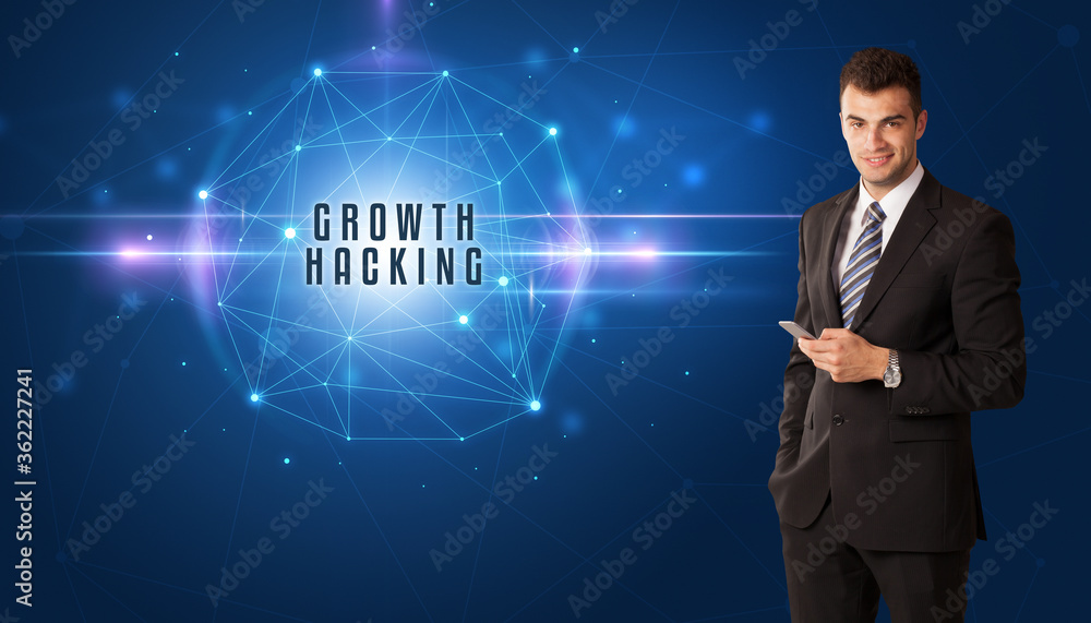 Businessman thinking about security solutions with GROWTH HACKING inscription Businessman thinking about security solutions with GROWTH HACKING inscription