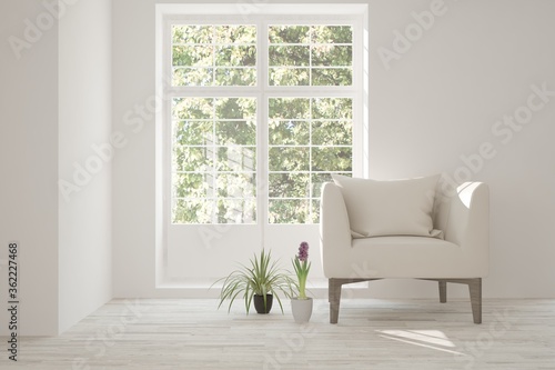 Idea of white stylish minimalist room with armchair and summer landscape in window. Scandinavian interior design. 3D illustration