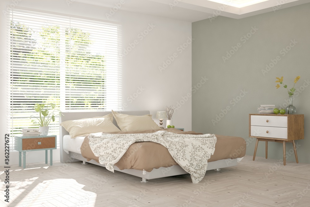 Fototapeta premium White stylish minimalist bedroom with summer landscape in window. Scandinavian interior design. 3D illustration