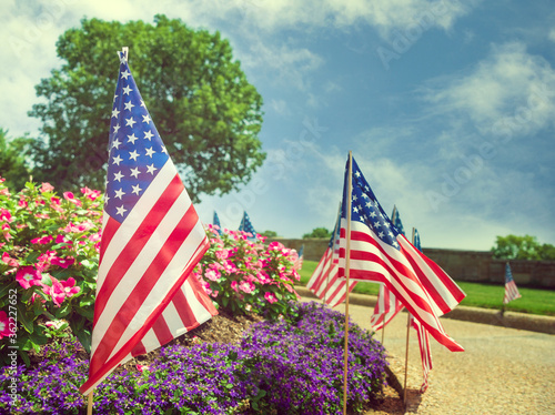 American flags displayed on the side of the street in honor of the 4th of July. Beautiful flower bed and blue sky background.