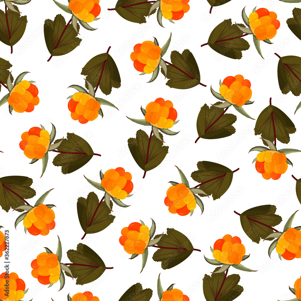 Fresh cloudberry background. Whole forest berries seamless pattern.