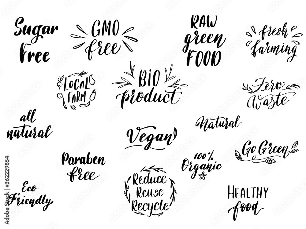 Healthy Organic Food Hand drawn Lettering. Eco Vegan Icon or Badge. Vector Illustration.