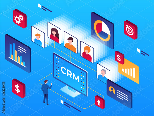 Vector isometric illustration customer relationship management and buyers
