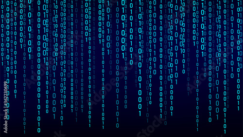 Green matrix background. Stream of binary code. Falling numbers on dark backdrop. Digital computer code. Coding and hacking. Vector illustration.