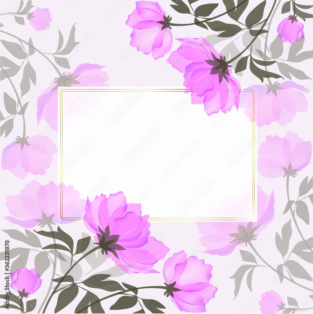 Vector background with blooming pink peony and gold geometric border.Floral Botanical watercolor illustration isolated on a white background.
